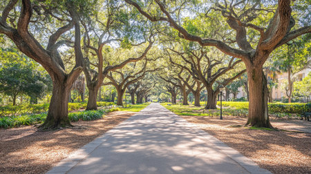 A paved trail cutting through a city park forest, bordered by manicured trees.の素材