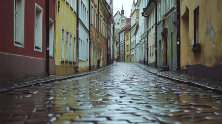 A wet cobblestone alley in a quiet town, shimmering under soft rain.の素材