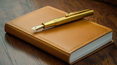 A golden luxury fountain pen placed next to an open leather-bound notebook on a polished wooden desk, surrounded by soft ambient lighting.の素材