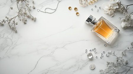 A pristine white marble countertop with an elegant bottle of fine perfume and sparkling jewelry scattered artisticallyの素材