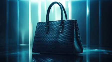 A premium designer handbag with elegant texture, resting on a smooth, reflective surface with soft lighting that emphasizes its craftsmanship.の素材
