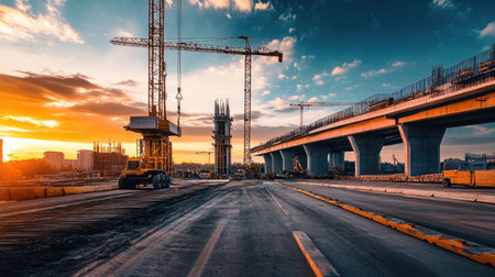 A large highway interchange under construction, with concrete pillars and cranes in the background.の素材