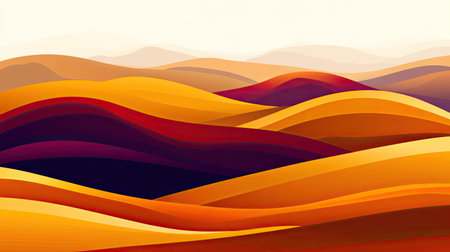 A surreal desert scene with large, soft sand dunes in a gradient of abstract colors merging into the sky.の素材