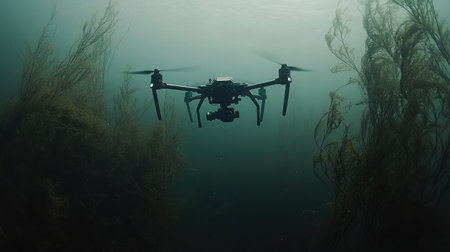 A robotic drone surveying an underwater ecosystem, capturing intricate details of marine life through clear, dark waters.の素材