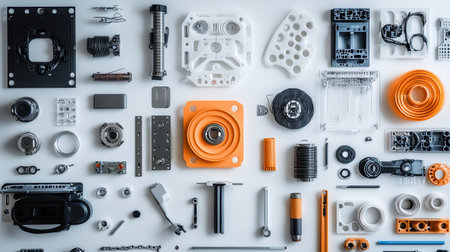 A clean workspace with an array of modular robotics parts in various colors and designs for flexible assembly.の素材