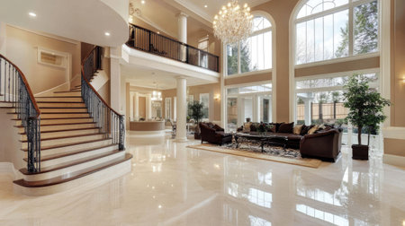 A luxury marble entrance hallway with polished white marble flooring, clean lines, and a high-end chandelier overhead for an elegant feelの素材