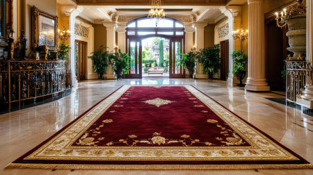 A richly designed velvet rug with golden details, placed on a polished marble floor in a lavish royal hallの素材