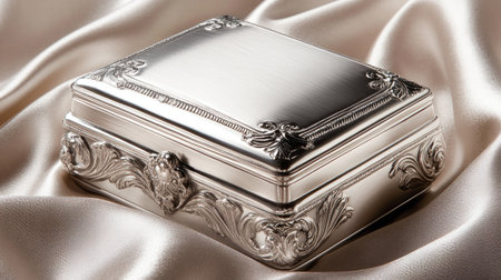 A polished silver jewelry box with delicate engravings, resting on a luxurious velvet surface, capturing timeless eleganceの素材
