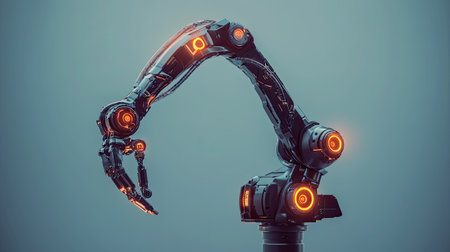 Robotic arm with glowing LED indicators, holding a sleek industrial tool on a plain background.の素材