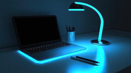 A bright home office desk with an open laptop, a desk lamp, and a pen holder.の素材