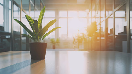 A bright, modern office with an open floor plan, featuring a large table, workstations, and glass partitions.の素材