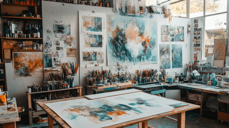 A creative studio space with a large drafting table, art supplies, and a mood board on the wall. Inspiring and functional.の素材