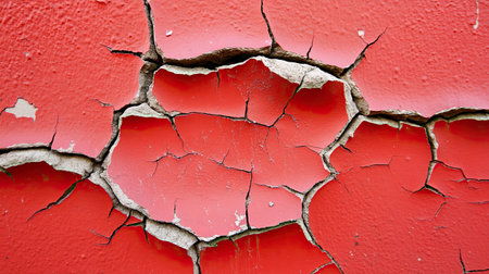 A close-up of a red cracked texture, with deep fissures and aged surface, creating a dramatic and textured background, perfect for artistic design.の素材