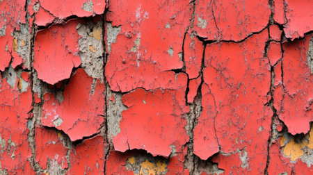 A close-up of a red cracked texture, with deep fissures and aged surface, creating a dramatic and textured background, perfect for artistic design.の素材