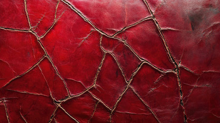 A close-up of a red cracked leather texture, showcasing deep wrinkles and fissures, providing a vintage, luxurious backdrop for design projects.の素材