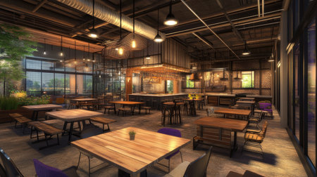 A coworking space with high ceilings, pendant lights, shared tables, and a vibrant, collaborative atmosphere.の素材