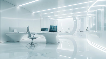 A futuristic office interior with sleek white furniture, high-tech equipment, and an ultra-modern design.の素材