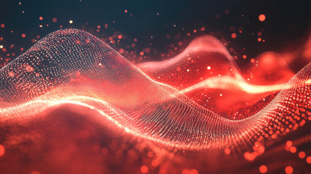 A futuristic red digital art design with glowing grids and abstract shapes, providing a sleek and professional backdrop.の素材