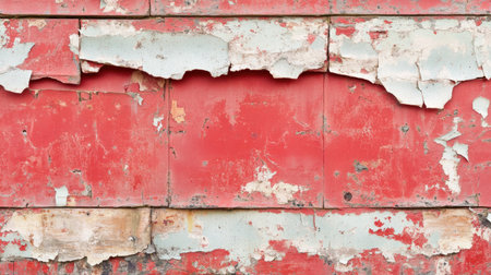 A distressed red grunge wall with visible cracks and chipped paint, perfect for creating an urban or industrial feel.の素材