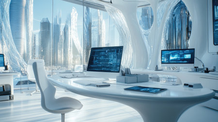 A futuristic office interior with sleek white furniture, high-tech equipment, and an ultra-modern design.の素材