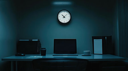 A professional workstation featuring a laptop, a cup of coffee, and a minimalist clock on the wall.の素材
