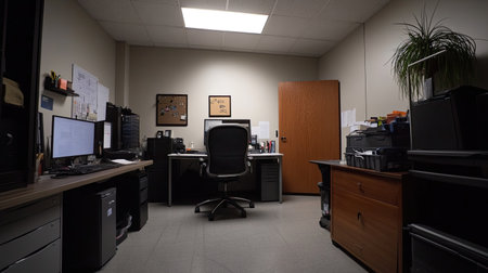 A professional office featuring a standing desk, minimalist decor, and plenty of room for text and creative design.の素材