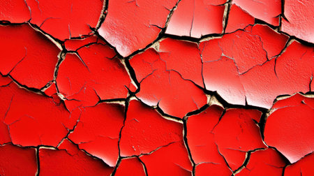 A red cracked surface with peeling paint and rough edges, offering a distressed aesthetic for design projects focused on texture.の素材