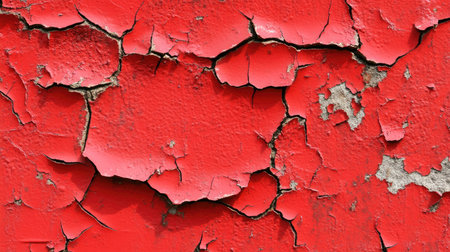A red grunge wall with cracks, chips, and worn surfaces, offering a raw and gritty look with ample space for text or graphics.の素材