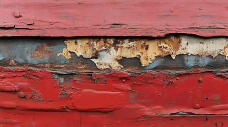 A red grunge texture with a rough, weathered surface, peeling paint, and scattered stains, creating a worn and gritty visual.の素材