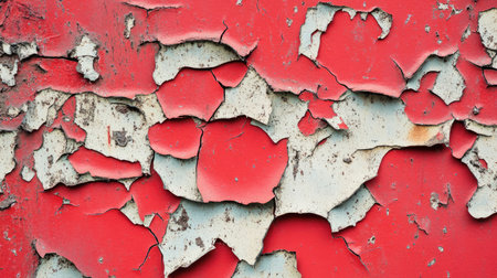 A red grunge background with heavy distressing, peeling paint, and visible textures, ideal for bold, modern designs.の素材