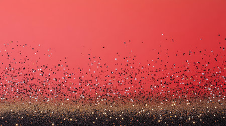 A sleek red background with golden tinsel and glittering stars creating a festive mood.の素材