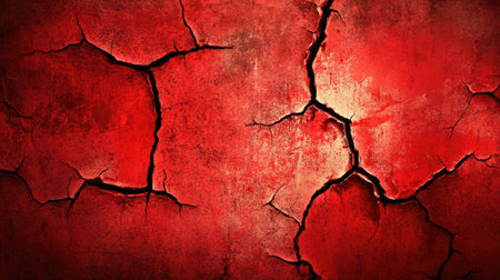 A textured red cracked wall with peeling paint, showing age and wear, creating a distressed yet artistic background for various projects.の素材