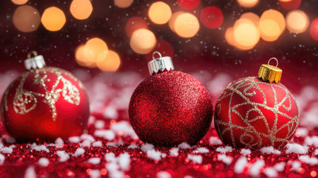 A vibrant red background with soft, shimmering sparkles and festive glowing lights.の素材