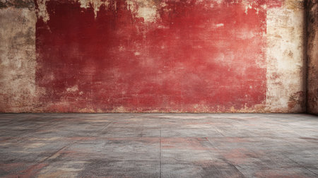A weathered red grunge wall with layers of peeling paint, stains, and scratches, creating an industrial feel with plenty of space for content.の素材