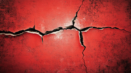 A worn red grunge wall with deep cracks, chipped paint, and an urban feel, providing an ideal backdrop for creative branding.の素材