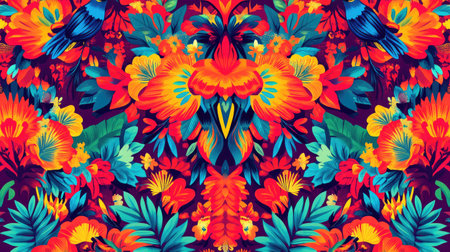 A vivid red textile design featuring folk art influences, with vibrant floral and geometric shapes, offering a cultural backdrop for creative projects.の素材