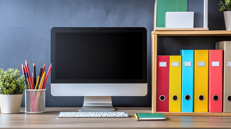 A workspace with a clean desk, a desktop computer, and a neat stack of colorful folders.の素材