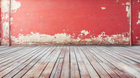 A weathered red grunge wall with layers of peeling paint, stains, and scratches, creating an industrial feel with plenty of space for content.の素材