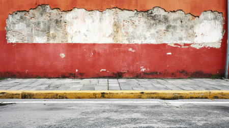 A weathered red grunge wall with deep marks, faded paint, and rough textures, offering a vintage atmosphere for creative projects.の素材