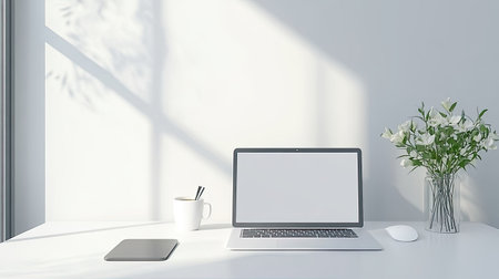 A white desk setup with a sleek laptop, a mousepad, a coffee cup, and a vase of fresh flowers. Bright and airy background.の素材