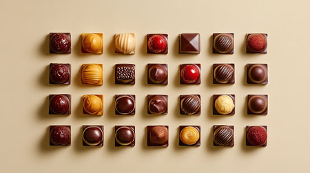 Artistic flat lay of gourmet chocolates with vibrant designs and textures on a smooth beige background.の素材