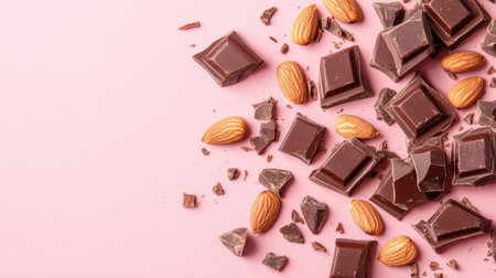A mix of broken chocolate pieces and whole almonds scattered artistically on a pastel pink background with copy space.の素材