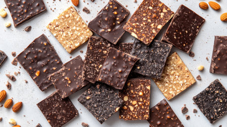 Assorted chocolate barks with vibrant nut toppings scattered on a matte light grey background, styled asymmetrically.の素材