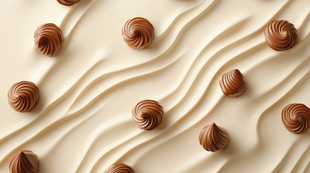 Artistic placement of chocolate candies with swirls and fillings on a minimalist cream backdrop.の素材
