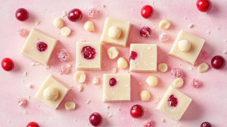 Artistic layout of white chocolate pieces with macadamia nuts and cranberries on a clean, light pastel backdrop.の素材