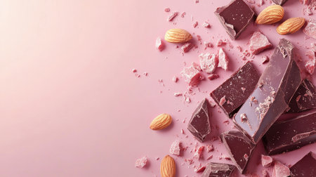 Artistic layout of ruby chocolate pieces and whole almonds, scattered on a pastel rose background with ample space for text.の素材