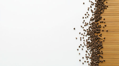 Chocolate bar and small chocolate chunks spread out on a bamboo cutting board, with a clean white background.の素材
