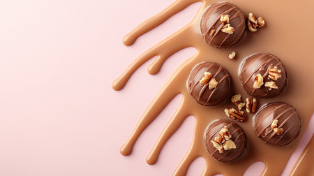 Chocolate candies with nut toppings and caramel drizzles laid on a soft, pastel background.の素材