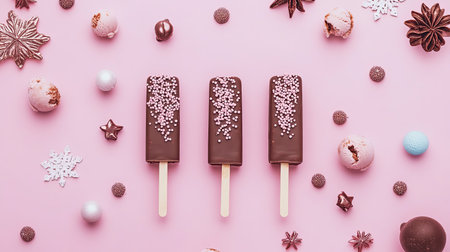 Artistic shot of chocolate ice cream bars on sticks, placed side by side with decorative garnishes.の素材
