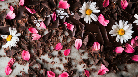 A composition of gourmet chocolate with edible flower petals like chrysanthemums and daisies scattered on a smooth marble surface, creating a fresh and delicate look.の素材